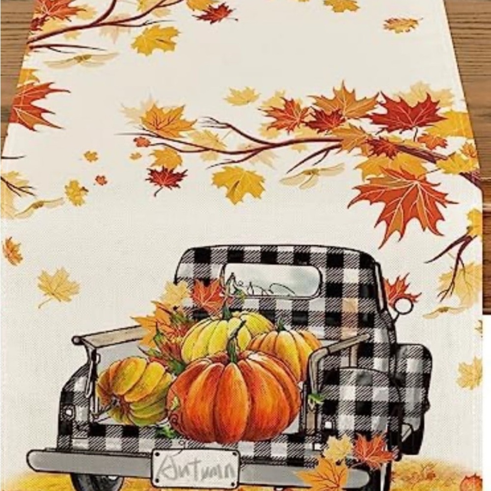 Autumn Table Runner with Pumpkins and Leaves